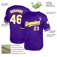 Load image into Gallery viewer, Custom Purple White-Yellow Mesh Authentic Throwback Baseball Jersey
