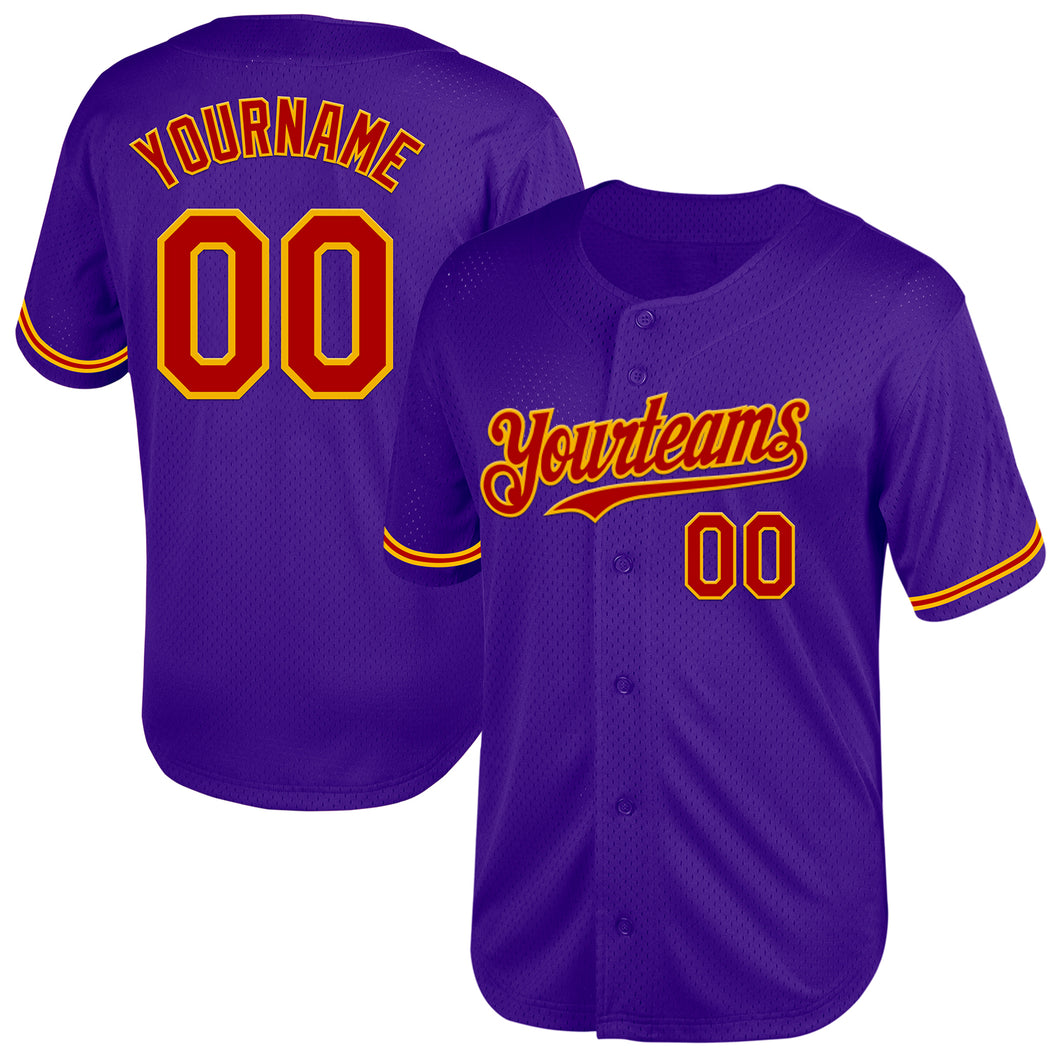 Custom Purple Red-Gold Mesh Authentic Throwback Baseball Jersey