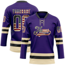 Load image into Gallery viewer, Custom Purple Vintage USA Flag Cream-Black Hockey Lace Neck Jersey
