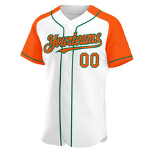 Load image into Gallery viewer, Custom White Orange-Kelly Green Authentic Raglan Sleeves Baseball Jersey
