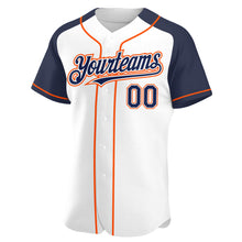 Load image into Gallery viewer, Custom White Navy-Orange Authentic Raglan Sleeves Baseball Jersey
