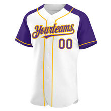 Load image into Gallery viewer, Custom White Purple-Gold Authentic Raglan Sleeves Baseball Jersey
