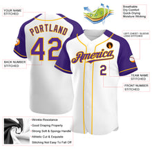 Load image into Gallery viewer, Custom White Purple-Gold Authentic Raglan Sleeves Baseball Jersey
