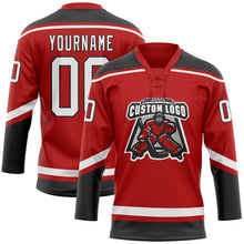 Load image into Gallery viewer, Custom Red White-Black Hockey Lace Neck Jersey
