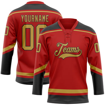 Custom Red Old Gold-Black Hockey Lace Neck Jersey