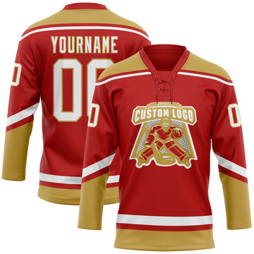 Custom Red White-Old Gold Hockey Lace Neck Jersey