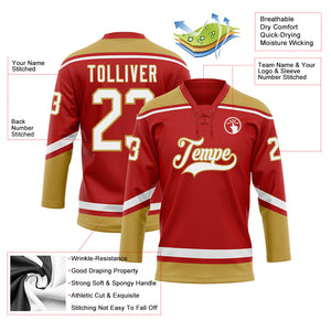 Custom Red White-Old Gold Hockey Lace Neck Jersey