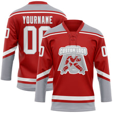 Load image into Gallery viewer, Custom Red White-Gray Hockey Lace Neck Jersey
