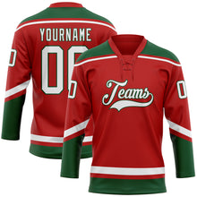 Load image into Gallery viewer, Custom Red White-Green Hockey Lace Neck Jersey
