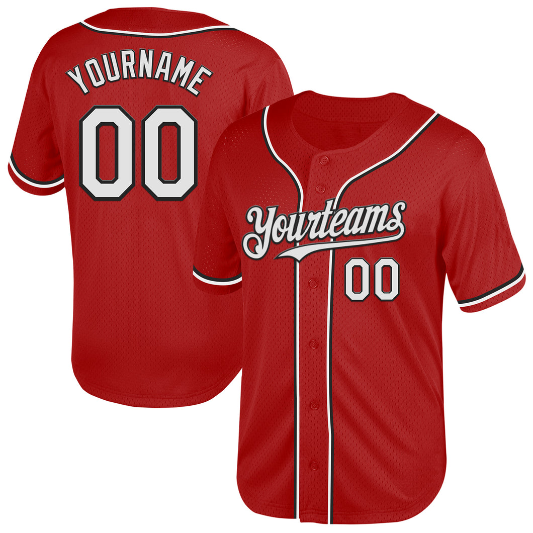 Custom Red White-Black Mesh Authentic Throwback Baseball Jersey