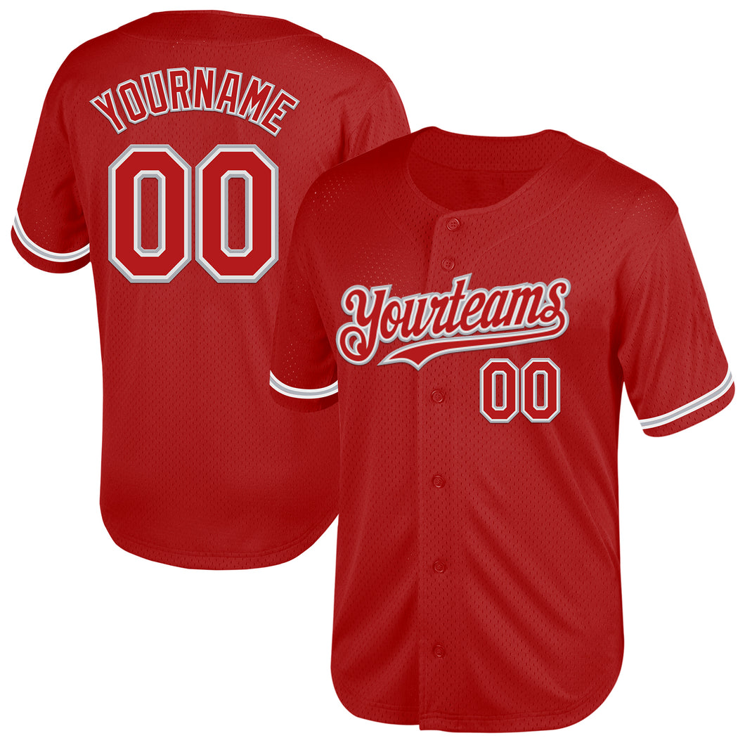 Custom Red White-Gray Mesh Authentic Throwback Baseball Jersey