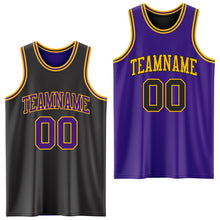 Load image into Gallery viewer, Custom Reversible Black Purple-Gold Double Side Sublimation Basketball Suit Jersey
