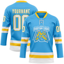Load image into Gallery viewer, Custom Sky Blue White-Yellow Hockey Lace Neck Jersey
