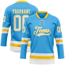 Load image into Gallery viewer, Custom Sky Blue White-Yellow Hockey Lace Neck Jersey
