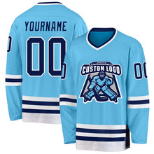 Load image into Gallery viewer, Custom Sky Blue Navy-White Hockey Jersey
