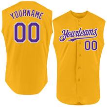 Load image into Gallery viewer, Custom Gold Purple-White Authentic Sleeveless Baseball Jersey
