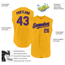 Load image into Gallery viewer, Custom Gold Purple-Black Authentic Sleeveless Baseball Jersey
