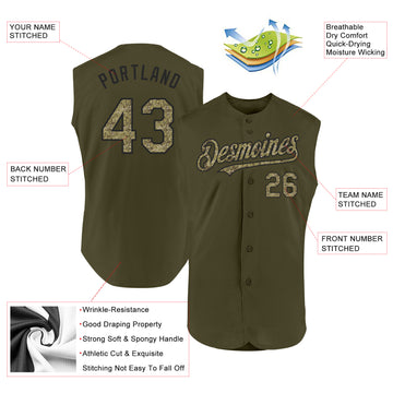 Custom Olive Camo-Black Authentic Sleeveless Salute To Service Baseball Jersey