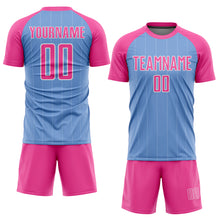 Load image into Gallery viewer, Custom Light Blue Pink-White Pinstripe Sublimation Soccer Uniform Jersey
