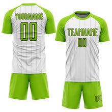 Load image into Gallery viewer, Custom White Neon Green-Black Pinstripe Sublimation Soccer Uniform Jersey

