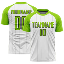 Load image into Gallery viewer, Custom White Neon Green-Black Pinstripe Sublimation Soccer Uniform Jersey
