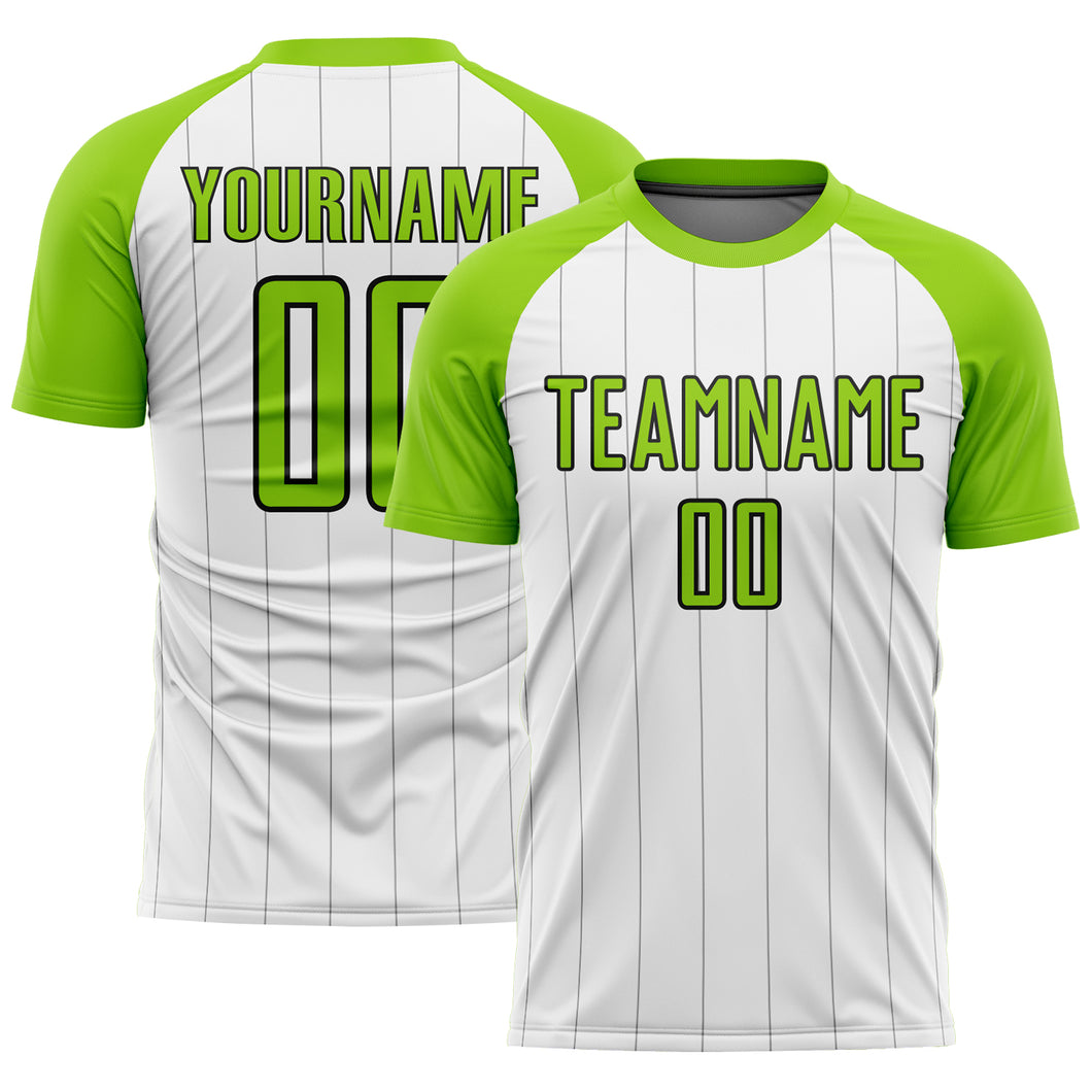 Custom White Neon Green-Black Pinstripe Sublimation Soccer Uniform Jersey