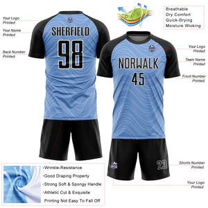 Custom Light Blue Black-White Wavy Lines Sublimation Soccer Uniform Jersey