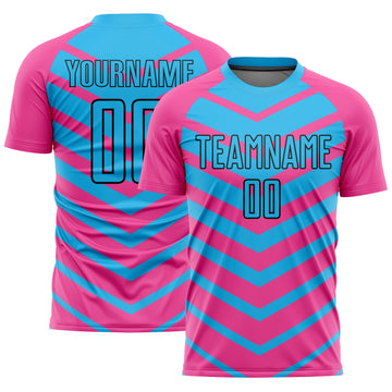 Custom Pink Sky Blue-Black Arrow Shapes Sublimation Soccer Uniform Jersey