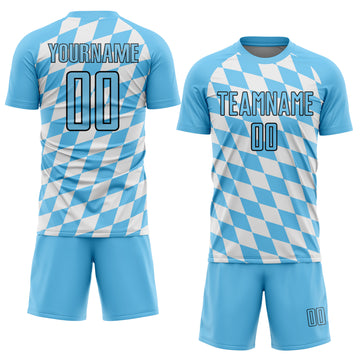 Custom White Sky Blue-Black Bavarian Flag Sublimation Soccer Uniform Jersey