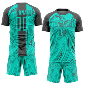 Custom Aqua Steel Gray Abstract Fluid Sublimation Soccer Uniform Jersey