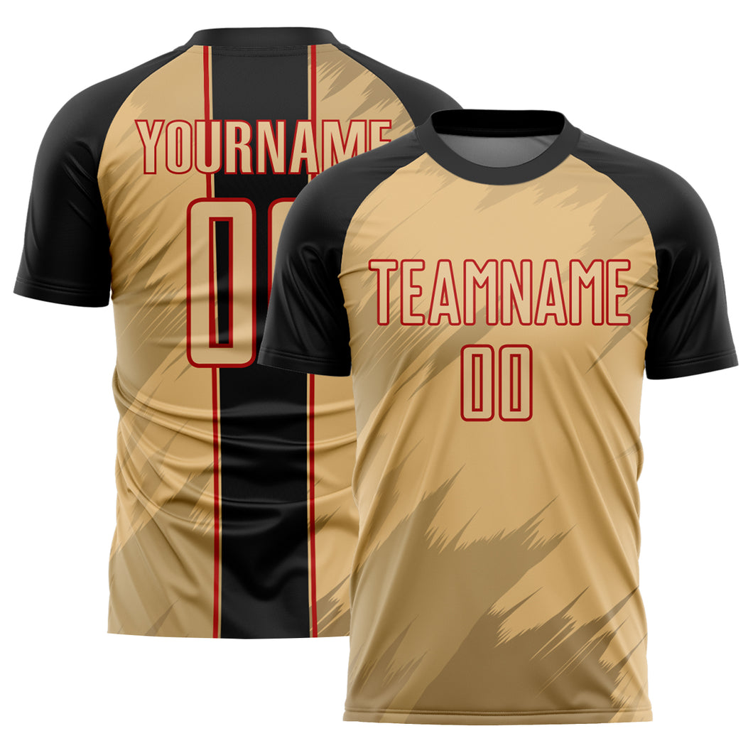 Custom Old Gold Black-Red Sharp Shapes Sublimation Soccer Uniform Jersey