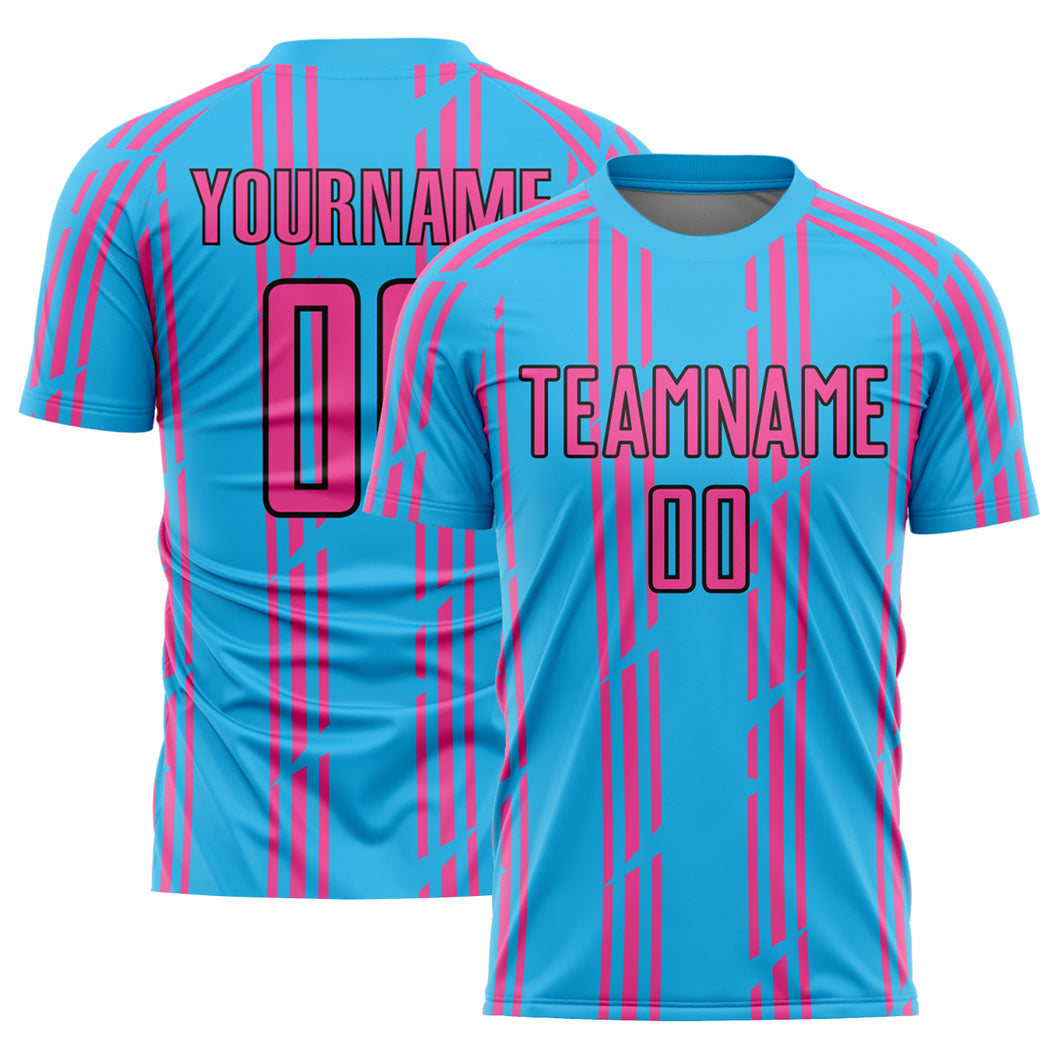 Custom Sky Blue Pink-Black Pinstripe Sublimation Soccer Uniform Jersey