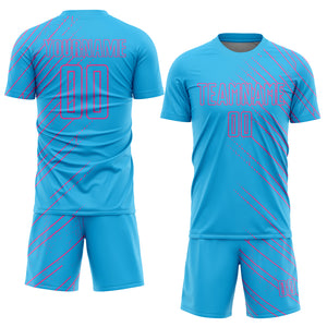 Custom Sky Blue Pink Lines Sublimation Soccer Uniform Jersey