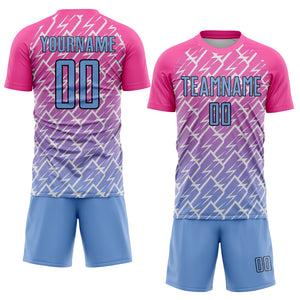 Custom Pink Light Blue-Black Lightning Sublimation Soccer Uniform Jersey