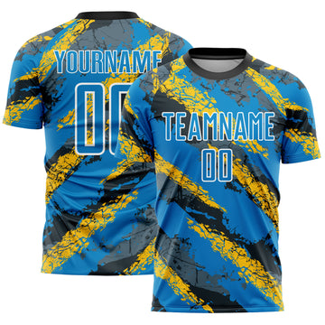 Custom Electric Blue Yellow-White Sublimation Soccer Uniform Jersey