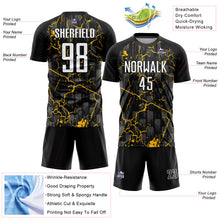 Load image into Gallery viewer, Custom Black White-Yellow Lightning Sublimation Soccer Uniform Jersey
