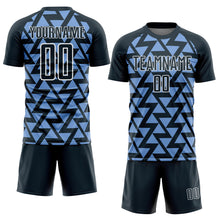 Load image into Gallery viewer, Custom Navy Light Blue-White Abstract Geometric Triangles Sublimation Soccer Uniform Jersey
