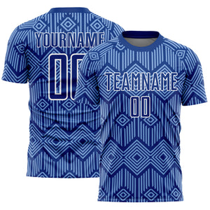 Custom Royal Light Blue-White Abstract Geometric Shapes Sublimation Soccer Uniform Jersey