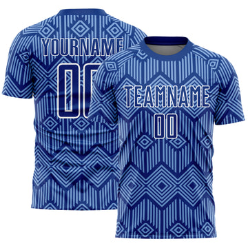 Custom Royal Light Blue-White Abstract Geometric Shapes Sublimation Soccer Uniform Jersey