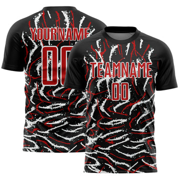 Custom Black Red-White Curved And Wavy Lines Sublimation Soccer Uniform Jersey