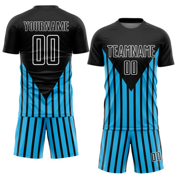 Custom Black Sky Blue-White Lines Sublimation Soccer Uniform Jersey