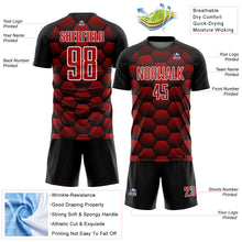 Load image into Gallery viewer, Custom Black Red-White Hexagons Pattern Sublimation Soccer Uniform Jersey
