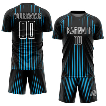 Custom Black Sky Blue-White Lines Sublimation Soccer Uniform Jersey