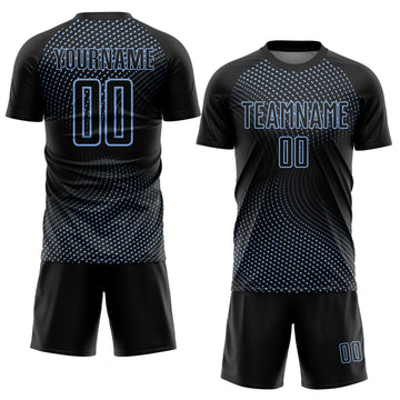 Custom Black Light Blue Geometric Lines Sublimation Soccer Uniform Jersey