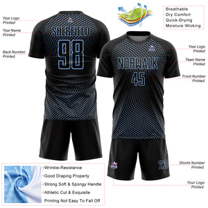 Custom Black Light Blue Geometric Lines Sublimation Soccer Uniform Jersey