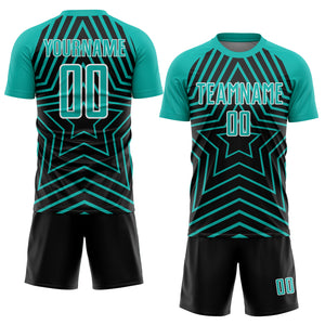 Custom Black Aqua-White Stars Sublimation Soccer Uniform Jersey