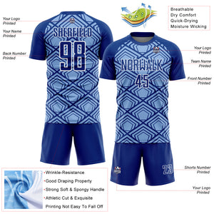 Custom Light Blue Royal-White Geometric Pattern Sublimation Soccer Uniform Jersey