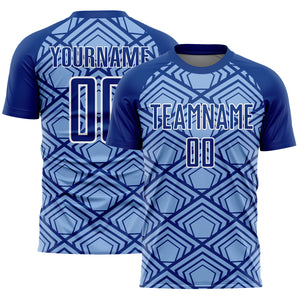 Custom Light Blue Royal-White Geometric Pattern Sublimation Soccer Uniform Jersey