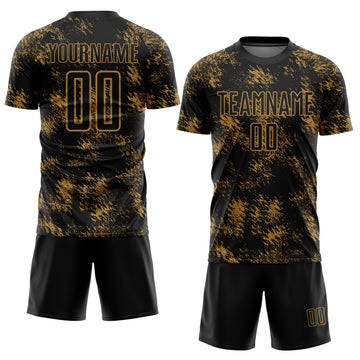 Custom Black Old Gold Abstract Grunge Art Sublimation Soccer Uniform Jersey
