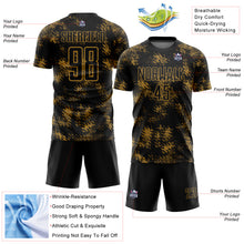 Load image into Gallery viewer, Custom Black Old Gold Abstract Grunge Art Sublimation Soccer Uniform Jersey

